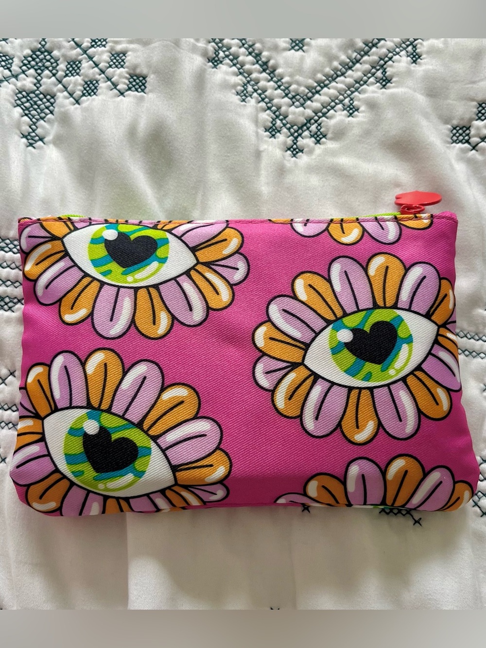 Bright Pink Floral Eye Zip Cosmetic Pouch NWOT